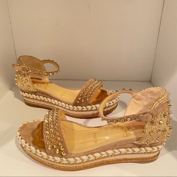 ❤️ Sold Christian louboutin Madmonica Espadrilles Wedge Sandals Spike Gold - Picture 7 of 14